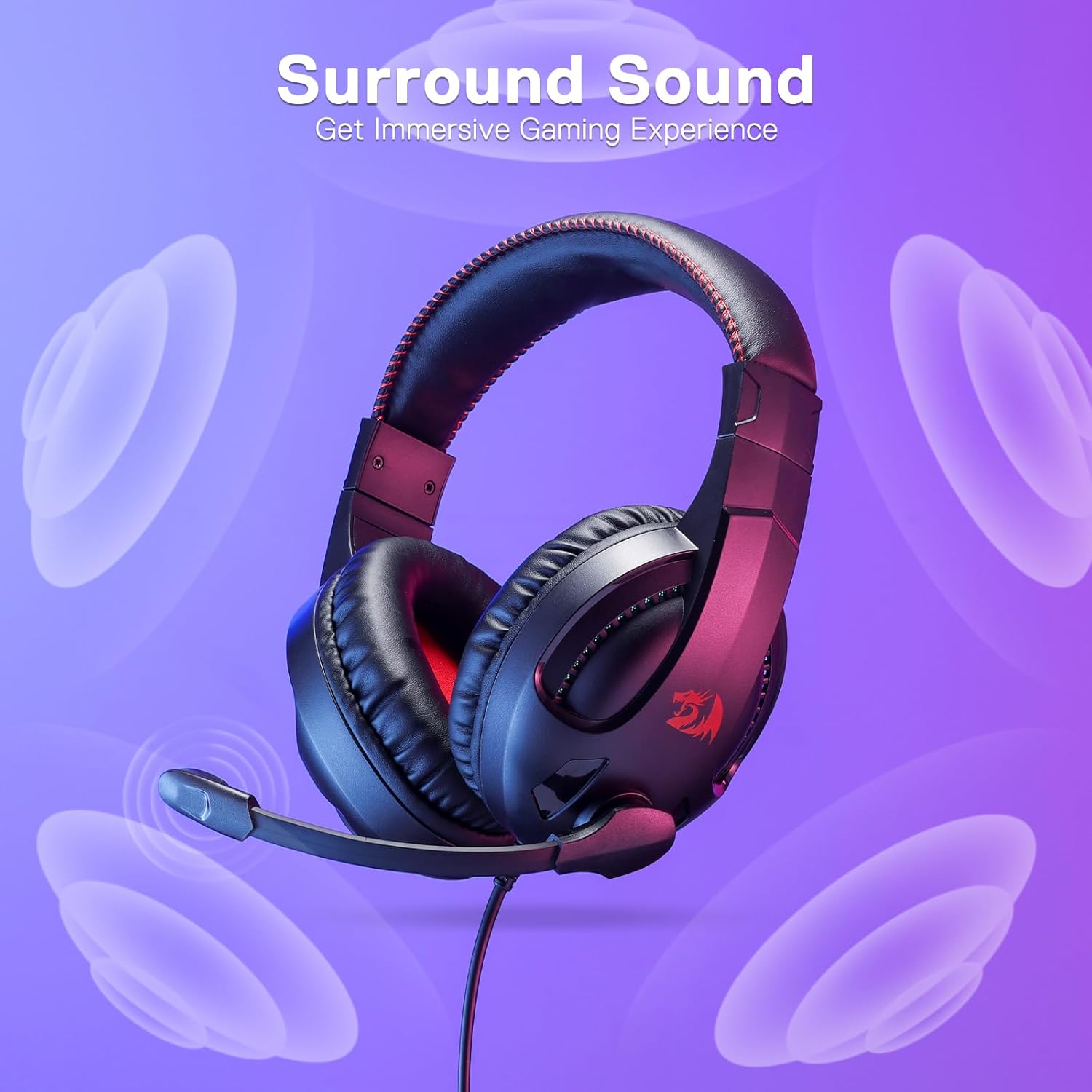 سماعة رأس سلكية للألعاب Redragon H211 Cronus - فوق الأذن، صوت محيطي ستيريو، ميكروفون مانع للضوضاء، إضاءة خلفية RGB ديناميكية، مشغلات 40 مم، لون أسود