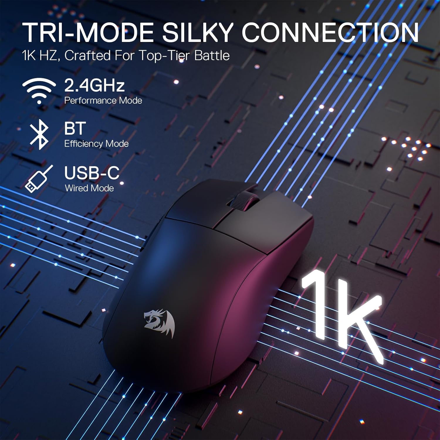 ماوس الألعاب Redragon K1NG PRO M916-PRO-1K بثلاثة أوضاع لاسلكية/سلكية - أسود