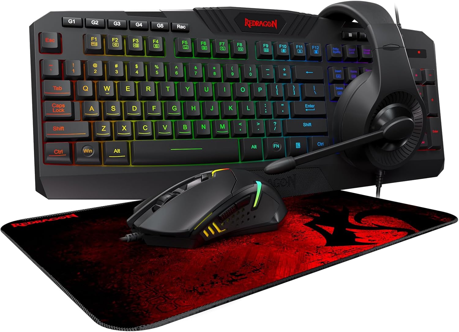 مجموعة Redragon 4 في 1 S101-BA-2: لوحة مفاتيح K503A-RGB، ماوس M601، سماعة رأس H120، ولوحة ماوس P016