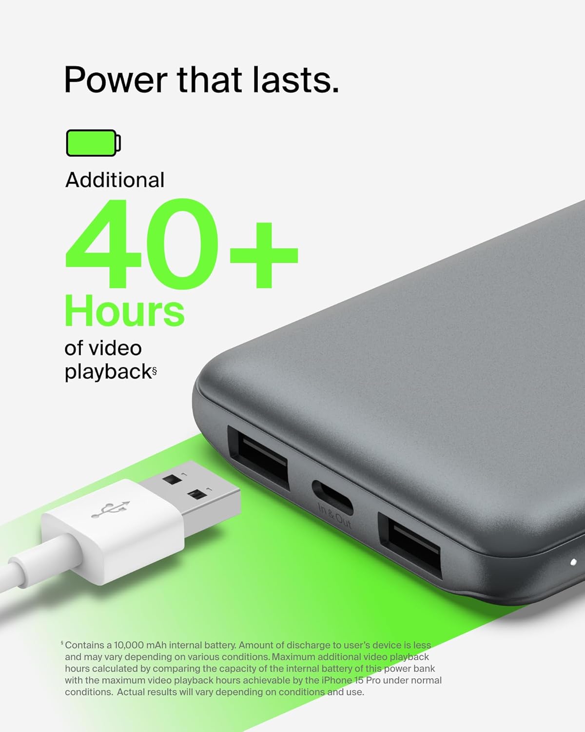 شاحن محمول من Belkin، بنك طاقة USB C بقوة 10000 مللي أمبير/ساعة مع منفذي USB-A، 15 وات مع كابل من النوع C إلى النوع A لأجهزة iPhone 16 و15 وSamsung Galaxy S25 وPixel وiPad وNintendo Switch 2 والمزيد - رمادي