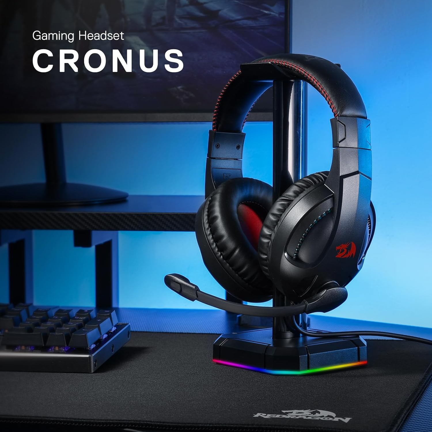 سماعة رأس سلكية للألعاب Redragon H211 Cronus - فوق الأذن، صوت محيطي ستيريو، ميكروفون مانع للضوضاء، إضاءة خلفية RGB ديناميكية، مشغلات 40 مم، لون أسود