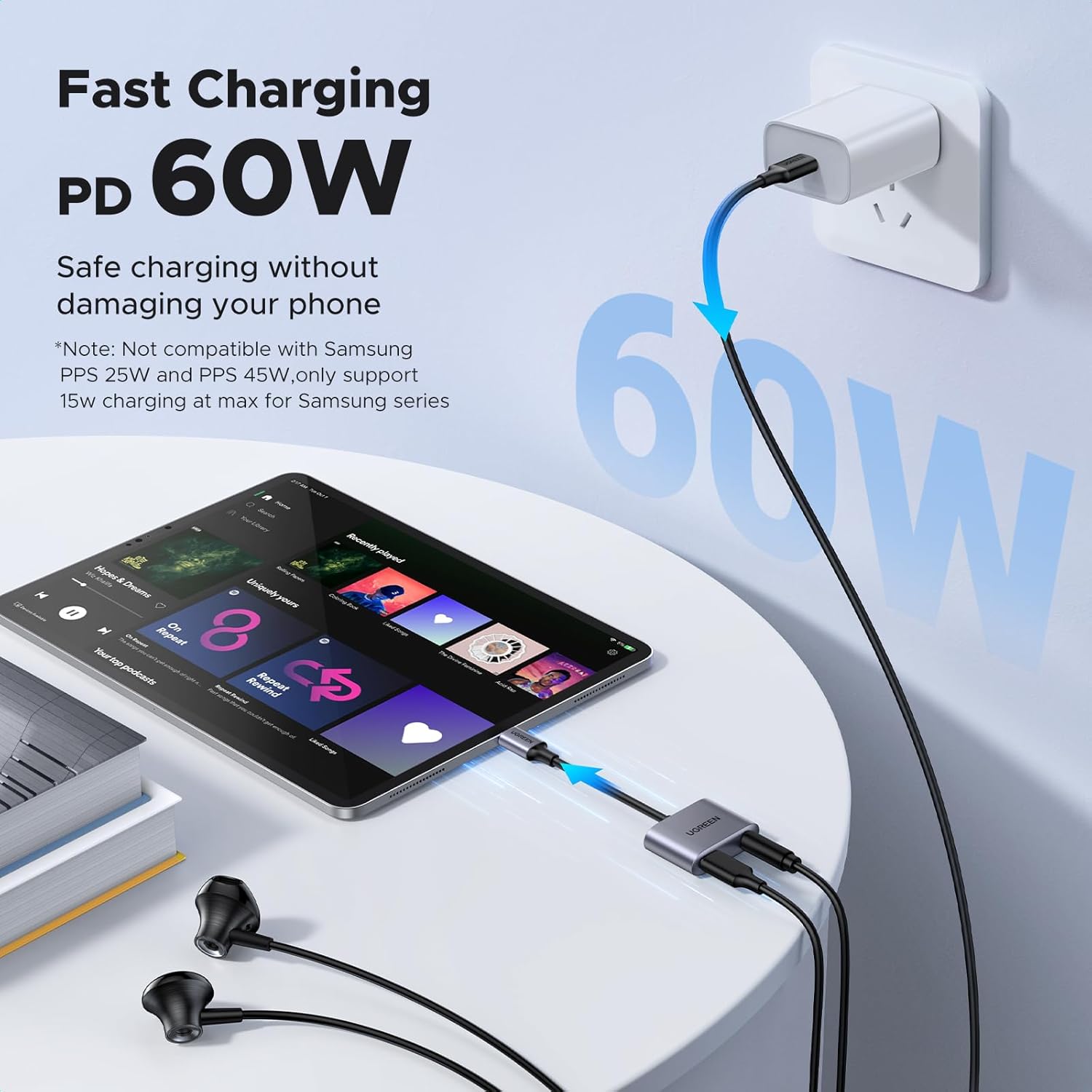 موزع يوجرين USB-C بمنفذين + صوت 3.5 مم أسود