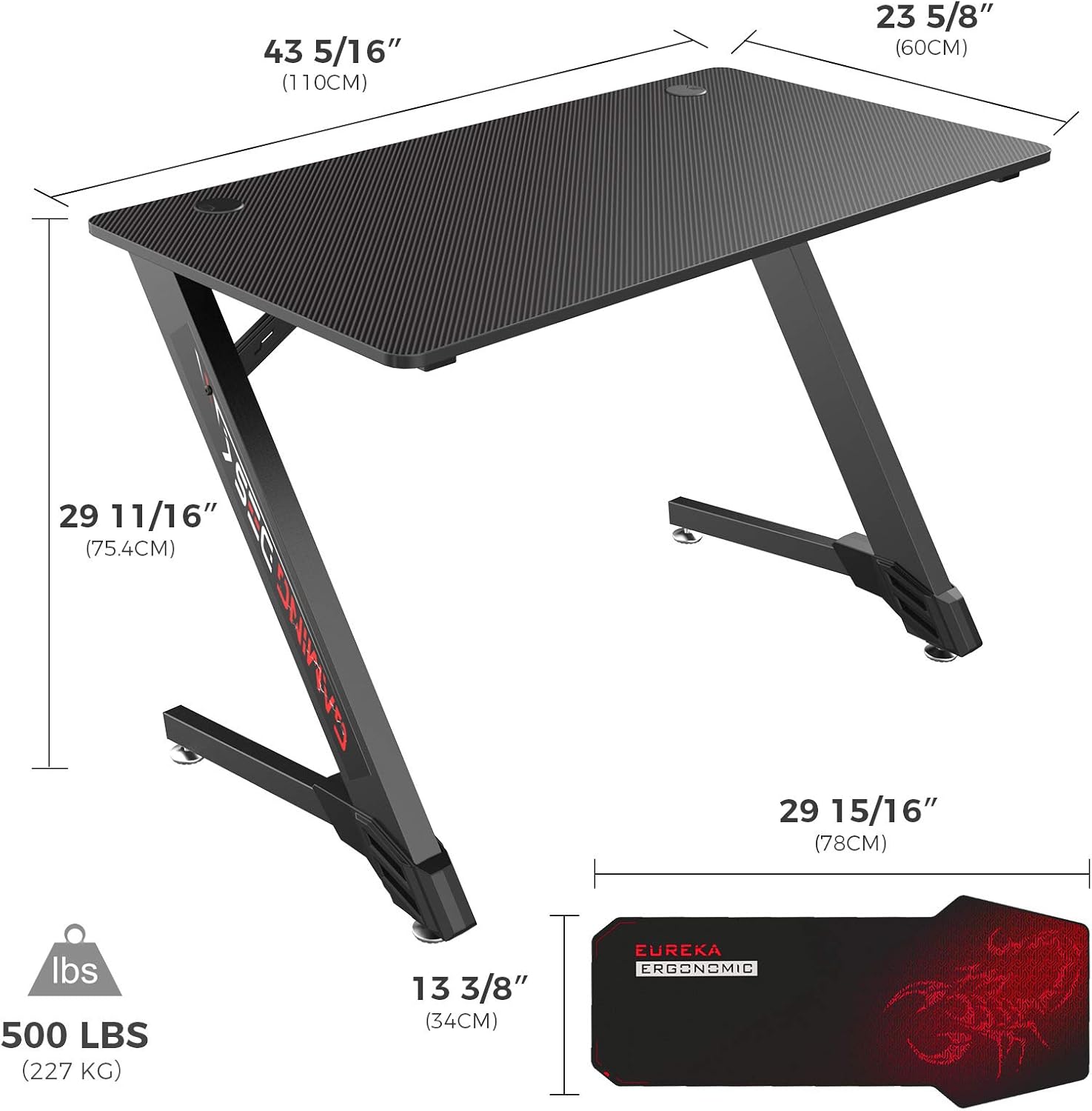 Eureka Ergonomic 43-Inch Z-Shaped Black Gaming Desk