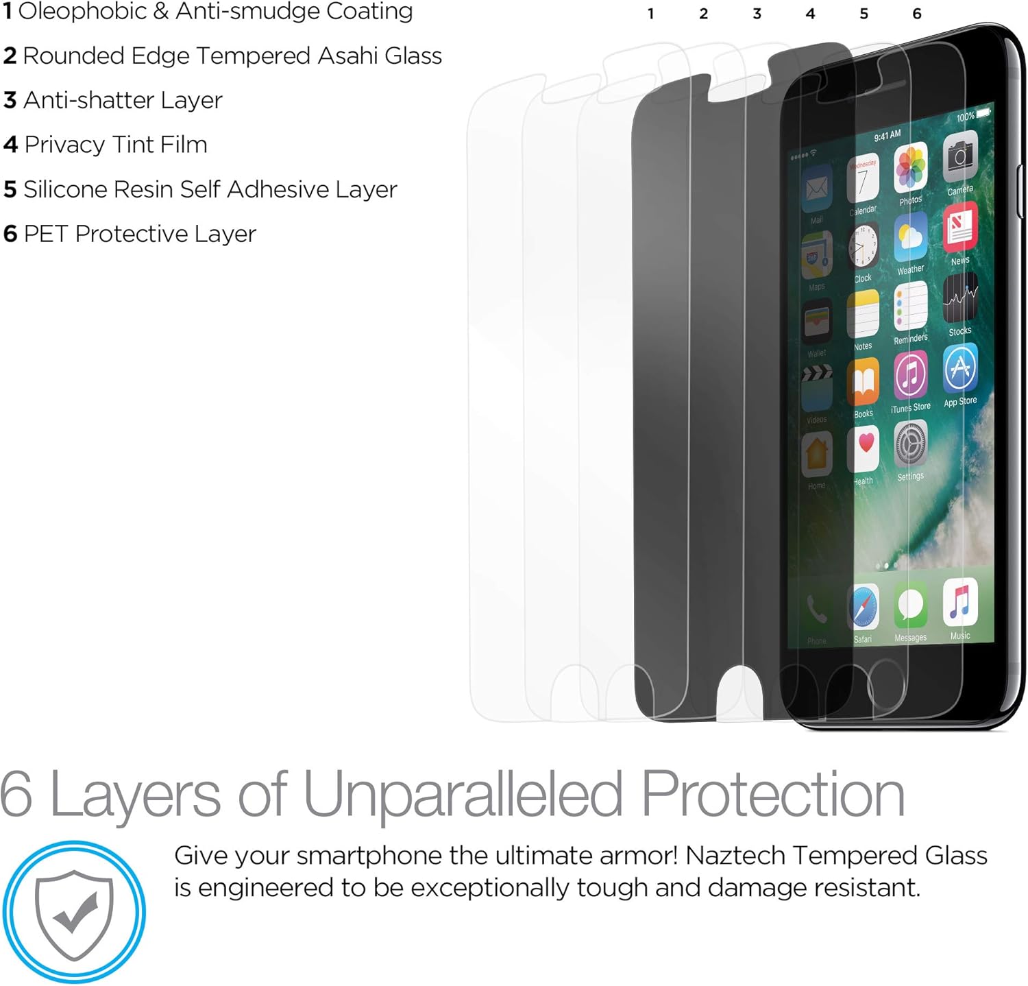 Naztech Premium HD Tempered Glass Screen Protector [Anti-Fingerprint & Built-in Shatter Prevention] Compatible For iPhone 8/ 7/ 6s - Easy Installation