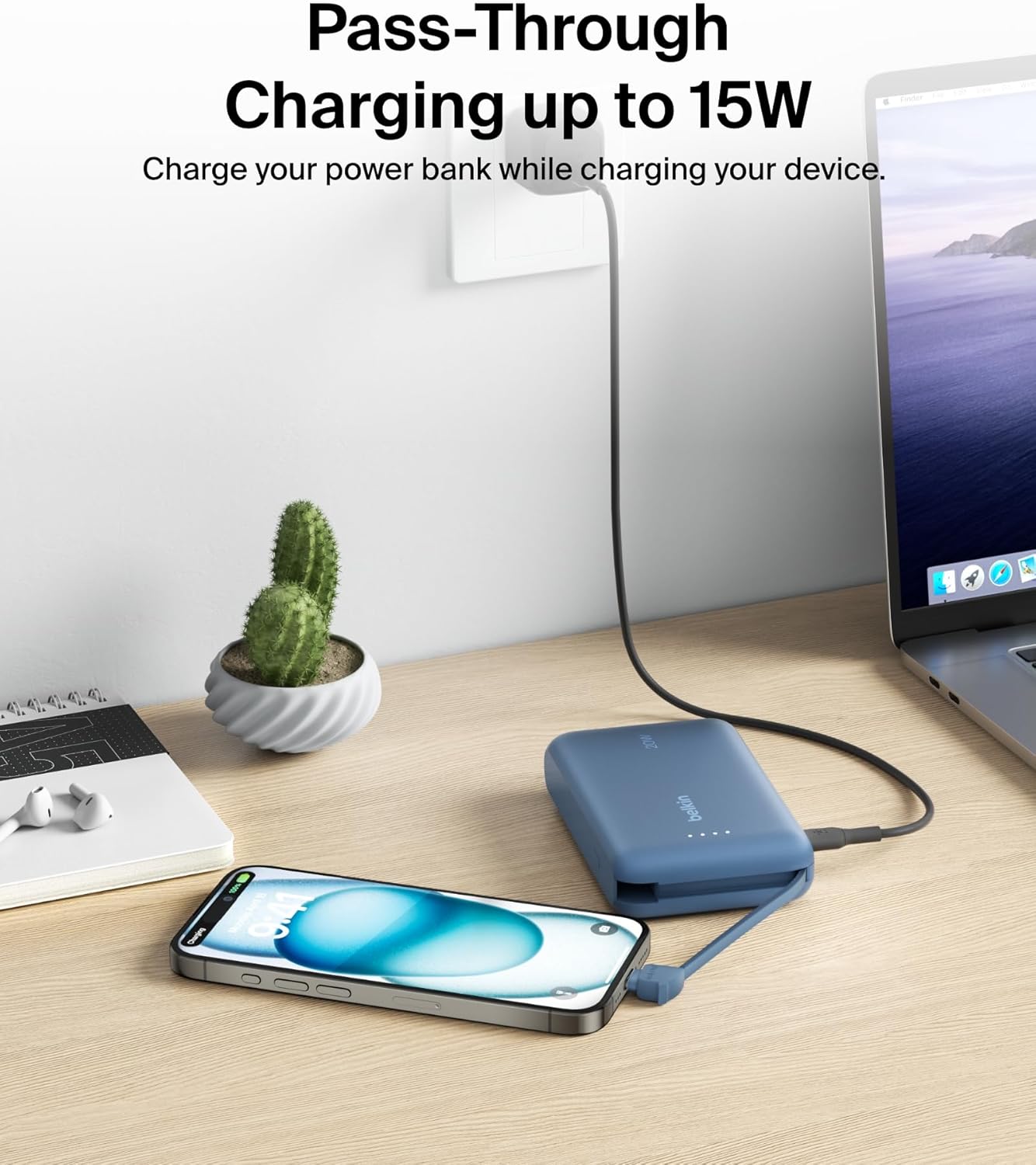 بنك طاقة Belkin BoostCharge 10000 مللي أمبير في الساعة، بنك طاقة محمول مع كابل مدمج PD 20 وات، شحن سريع وتوصيل طاقة USB-C، بنك طاقة سريع الشحن لسلسلة iPhone 16 وiPad Pro وGalaxy S24 والمزيد