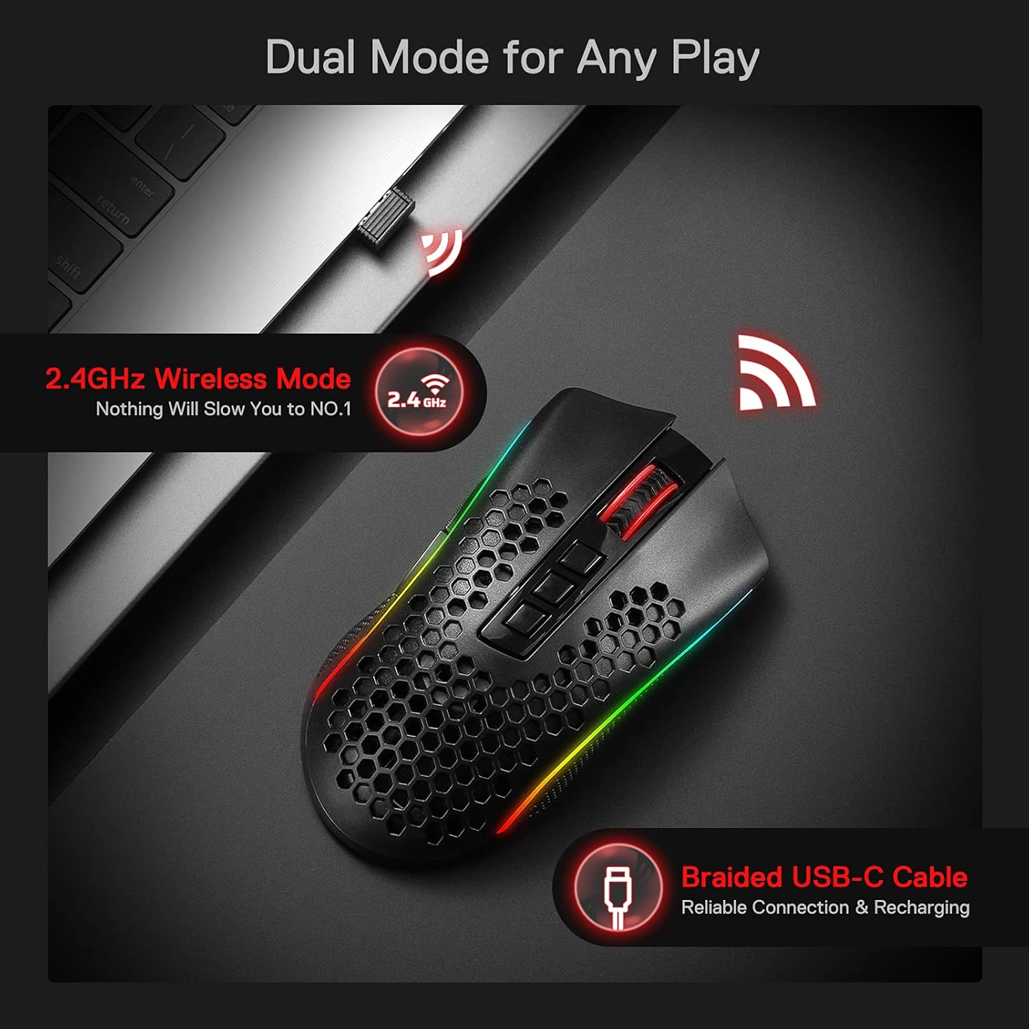 ماوس الألعاب اللاسلكي Redragon M808 Storm Pro - تصميم قرص العسل RGB، 16000 نقطة في البوصة