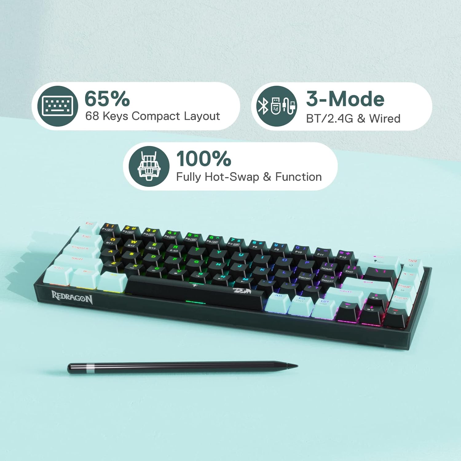 لوحة مفاتيح ميكانيكية Redragon Castor K631rgb Pro لاسلكية 65% RGB (مفاتيح بيضاء / حمراء)