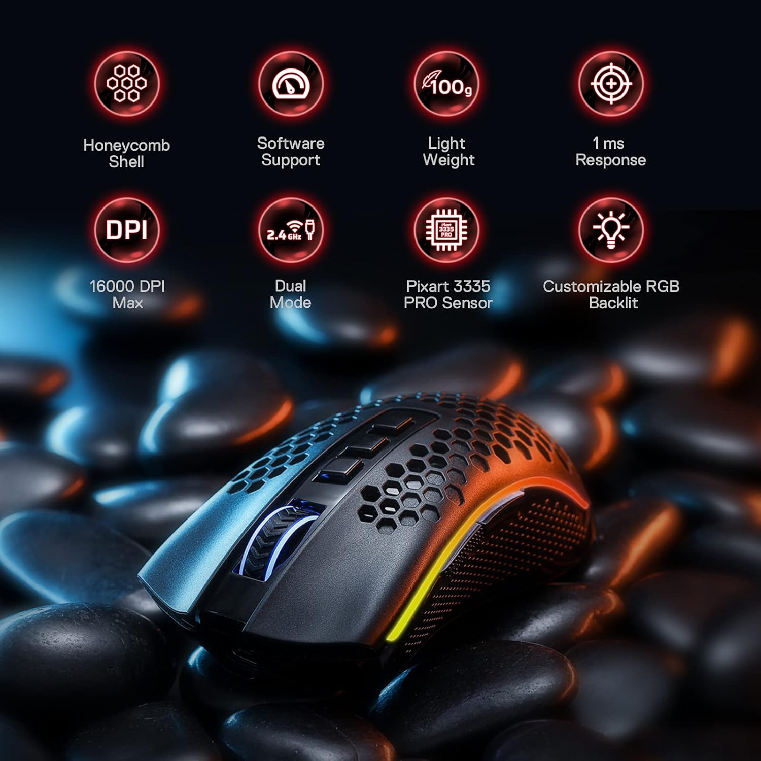 ماوس الألعاب اللاسلكي Redragon M808 Storm Pro - تصميم قرص العسل RGB، 16000 نقطة في البوصة