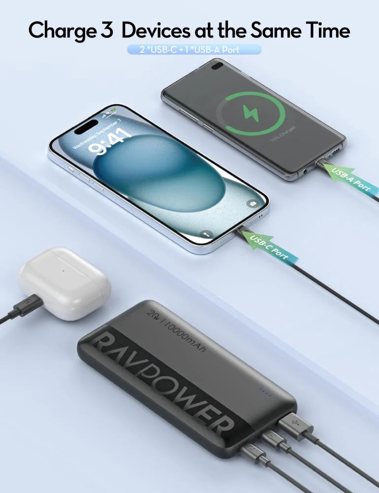 RavPower PD 20W 10000mAh 3-Port Power Bank, Fast Charging, Universal Compatibility - Black