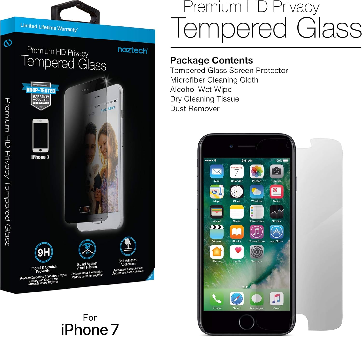 Naztech Premium HD Tempered Glass Screen Protector [Anti-Fingerprint & Built-in Shatter Prevention] Compatible For iPhone 8/ 7/ 6s - Easy Installation