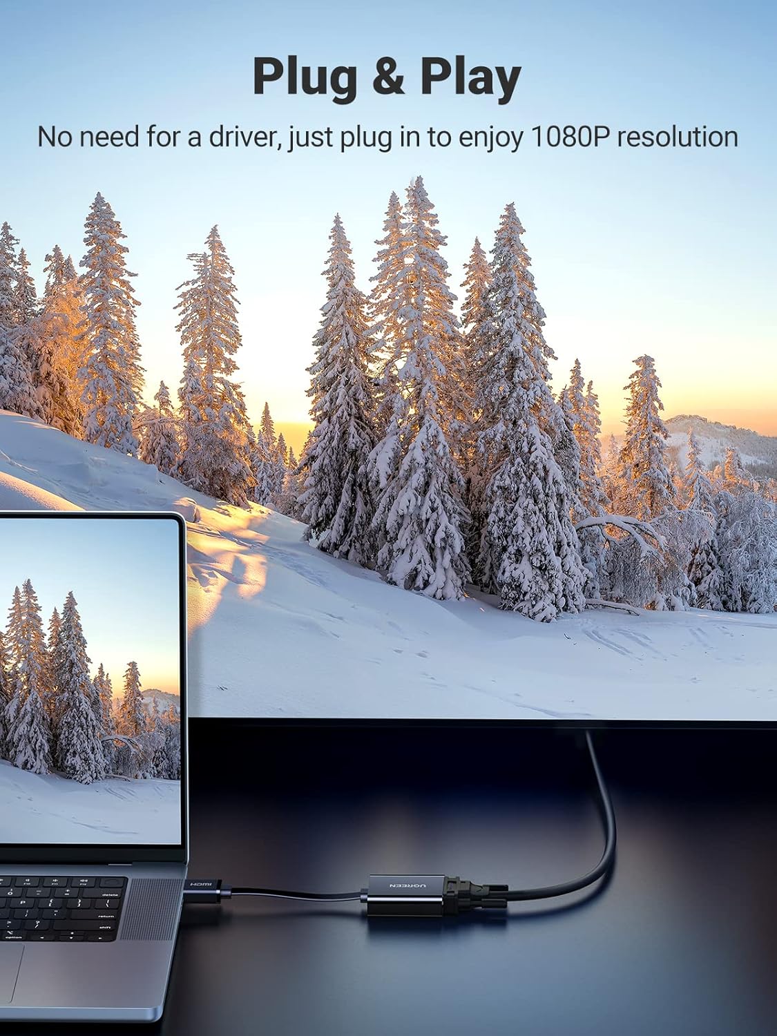 محول UGREEN Active HDMI إلى VGA مع مقبس صوت 3.5 مم أسود