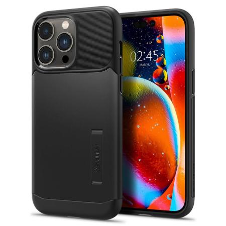 جراب Spigen Slim Armor فائق النحافة باللون الأسود مع حامل - لهاتف iPhone 14 Pro