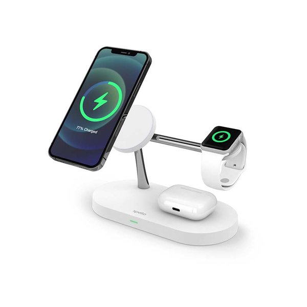 حامل شحن لاسلكي مغناطيسي 3 في 1 من سبيلو (متوافق مع ماج سيف) - أبيض 