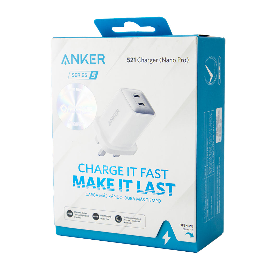 شاحن حائطي بمنفذين USB Type-C بقوة 40 وات، Anker A2038K21 أبيض