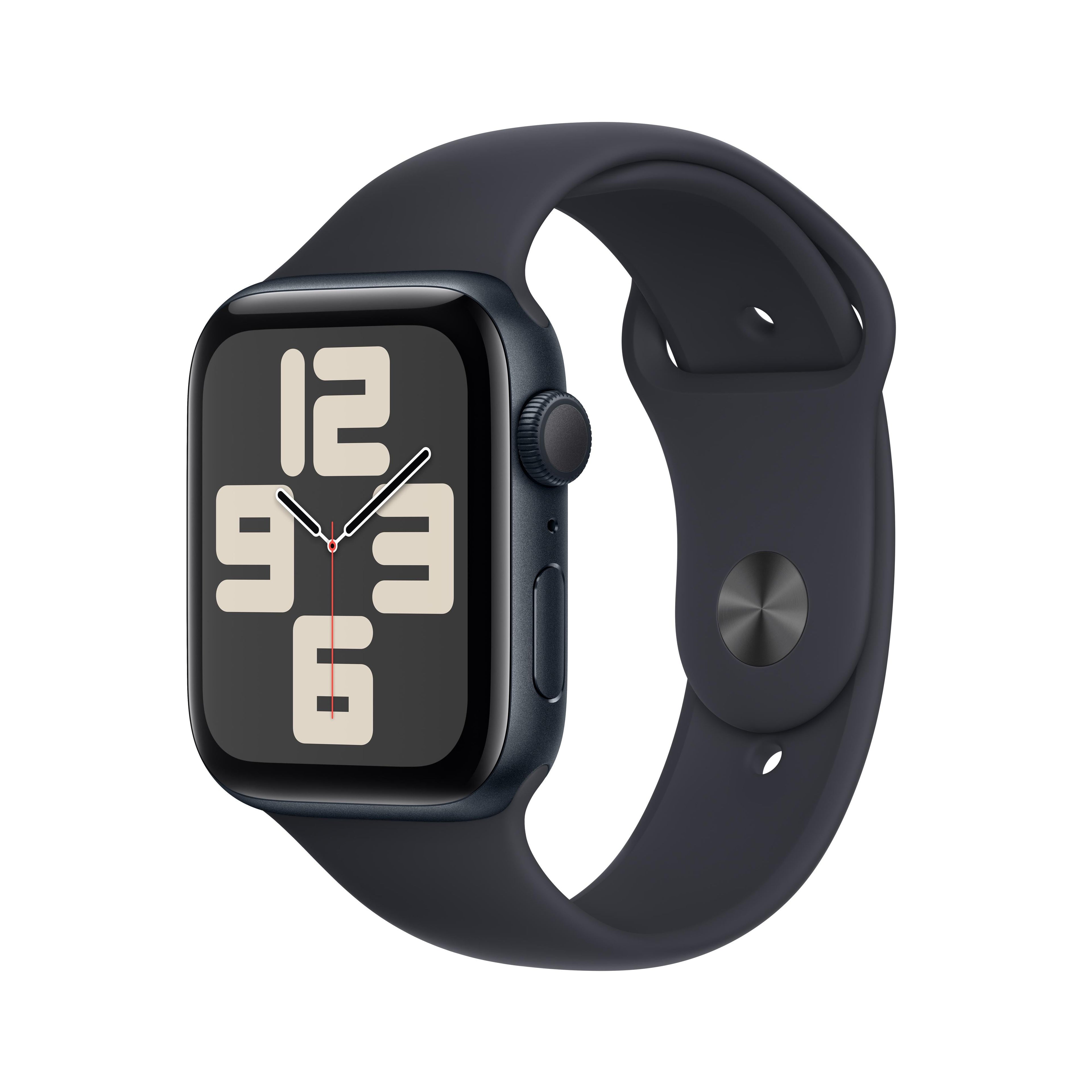 ساعة Apple Watch SE GPS مقاس 44 مم، هيكل من الألومنيوم منتصف الليل مع سوار رياضي منتصف الليل - مقاس متوسط/كبير