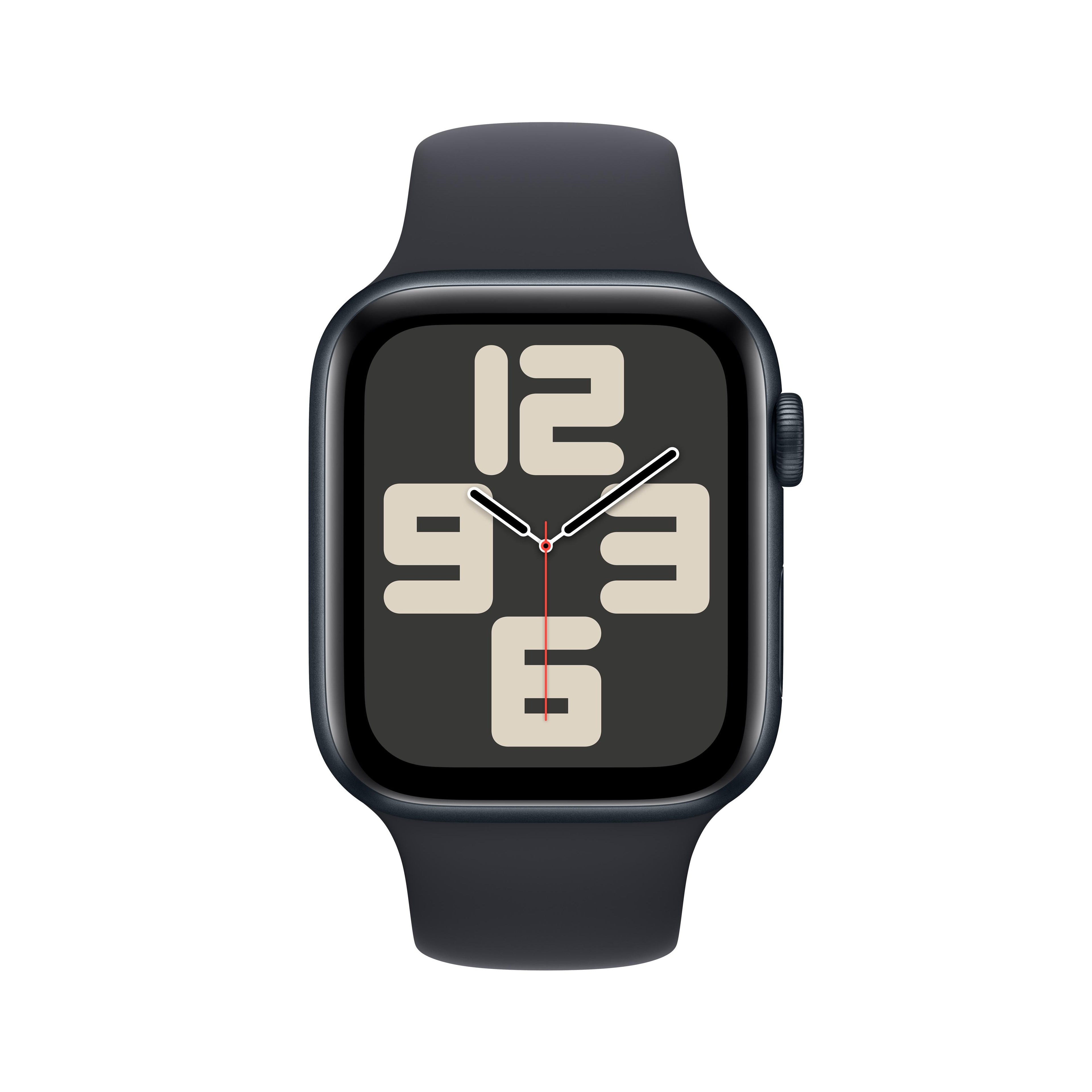 ساعة Apple Watch SE GPS مقاس 44 مم، هيكل من الألومنيوم منتصف الليل مع سوار رياضي منتصف الليل - مقاس متوسط/كبير