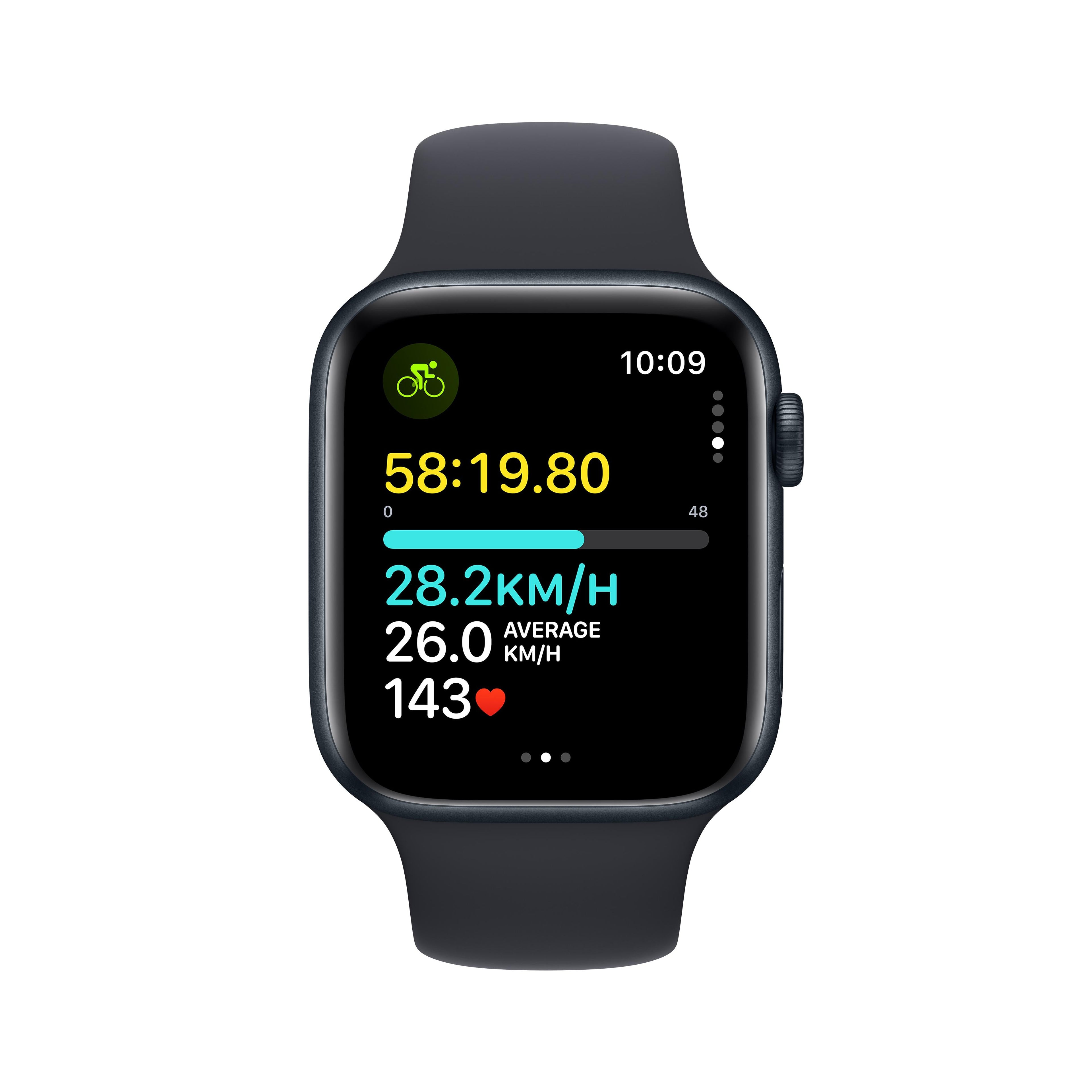 ساعة Apple Watch SE GPS مقاس 44 مم، هيكل من الألومنيوم منتصف الليل مع سوار رياضي منتصف الليل - مقاس متوسط/كبير