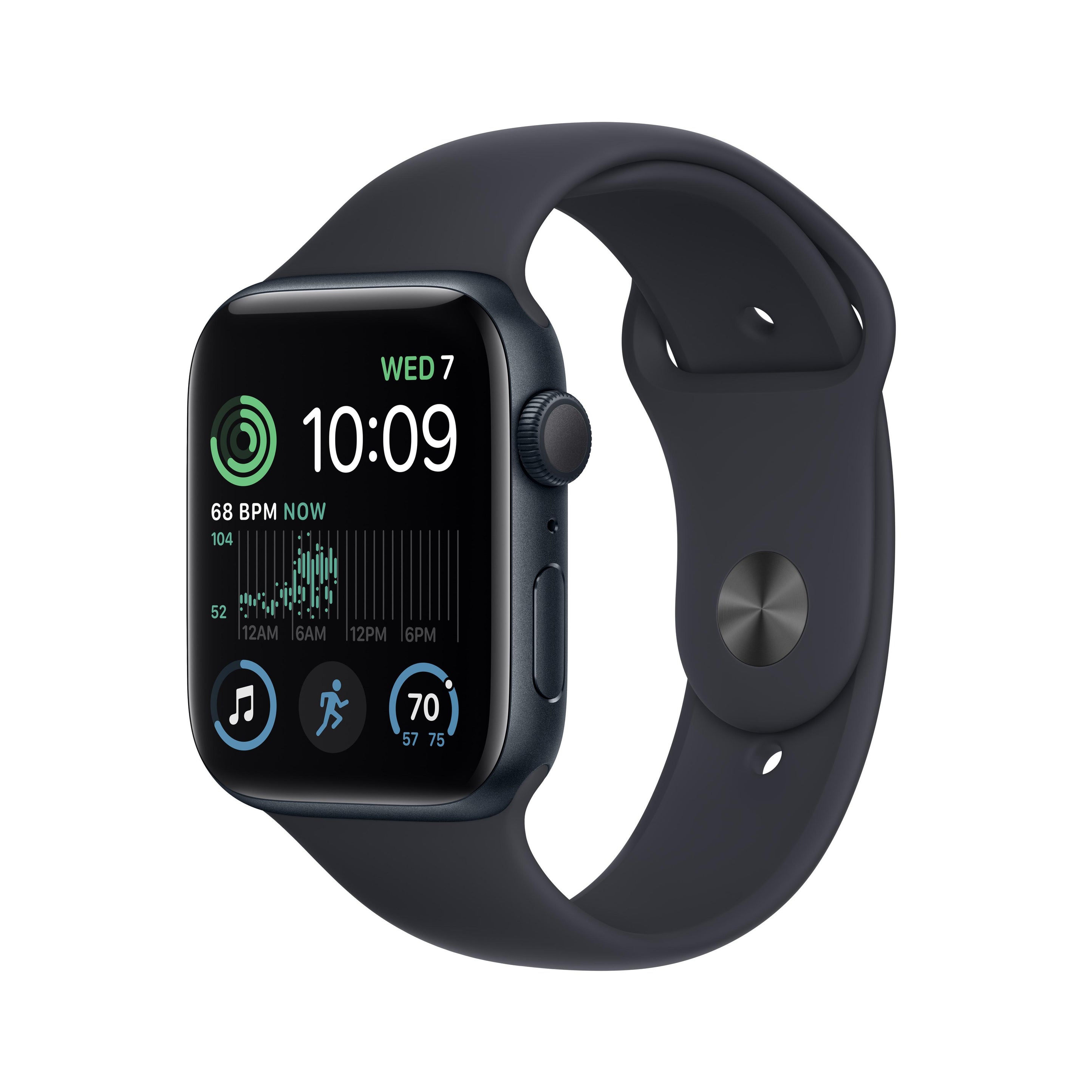 ساعة Apple Watch SE 2022 GPS مقاس 44 مم، هيكل من الألومنيوم منتصف الليل مع سوار رياضي منتصف الليل عادي 
