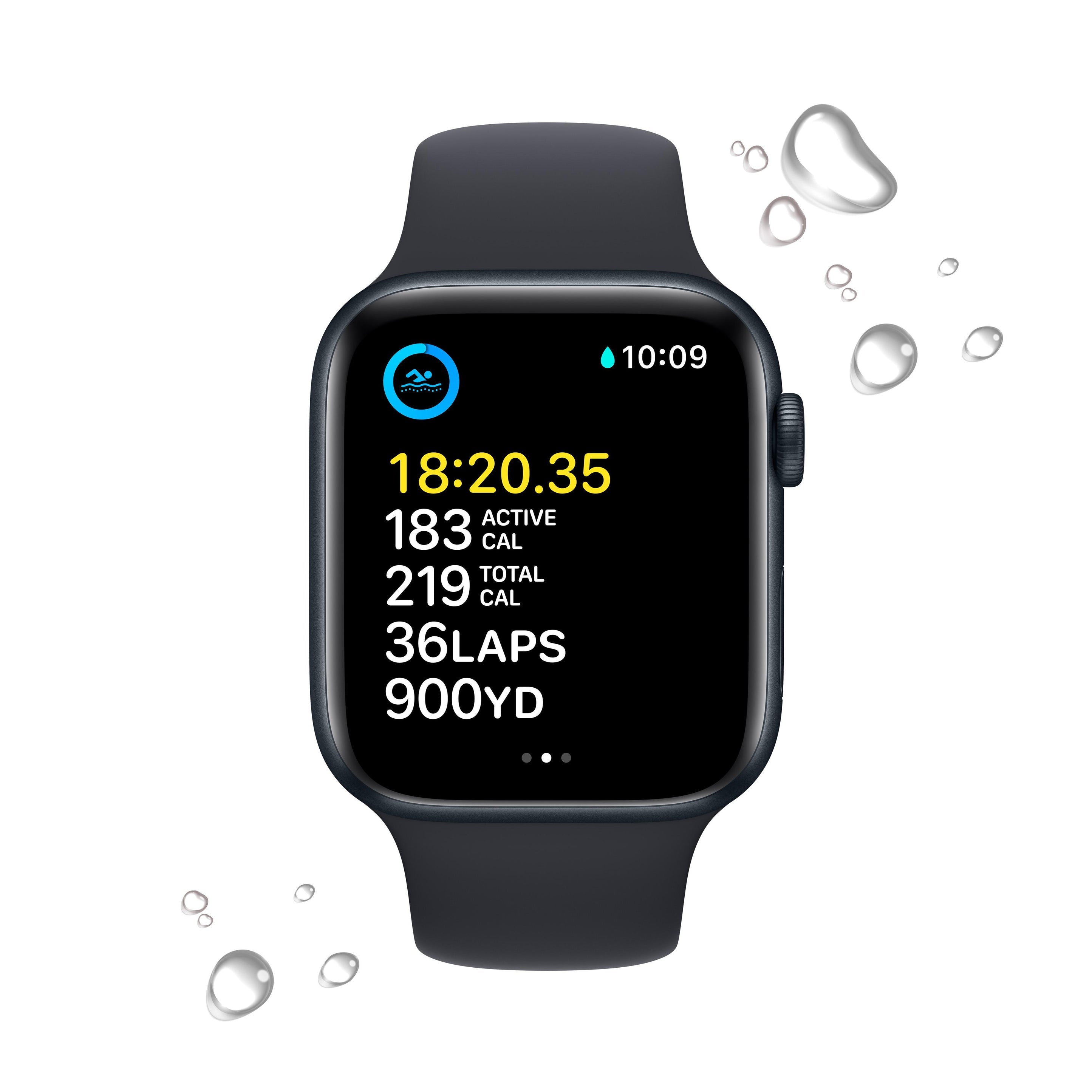 ساعة Apple Watch SE 2022 GPS مقاس 44 مم، هيكل من الألومنيوم منتصف الليل مع سوار رياضي منتصف الليل عادي 