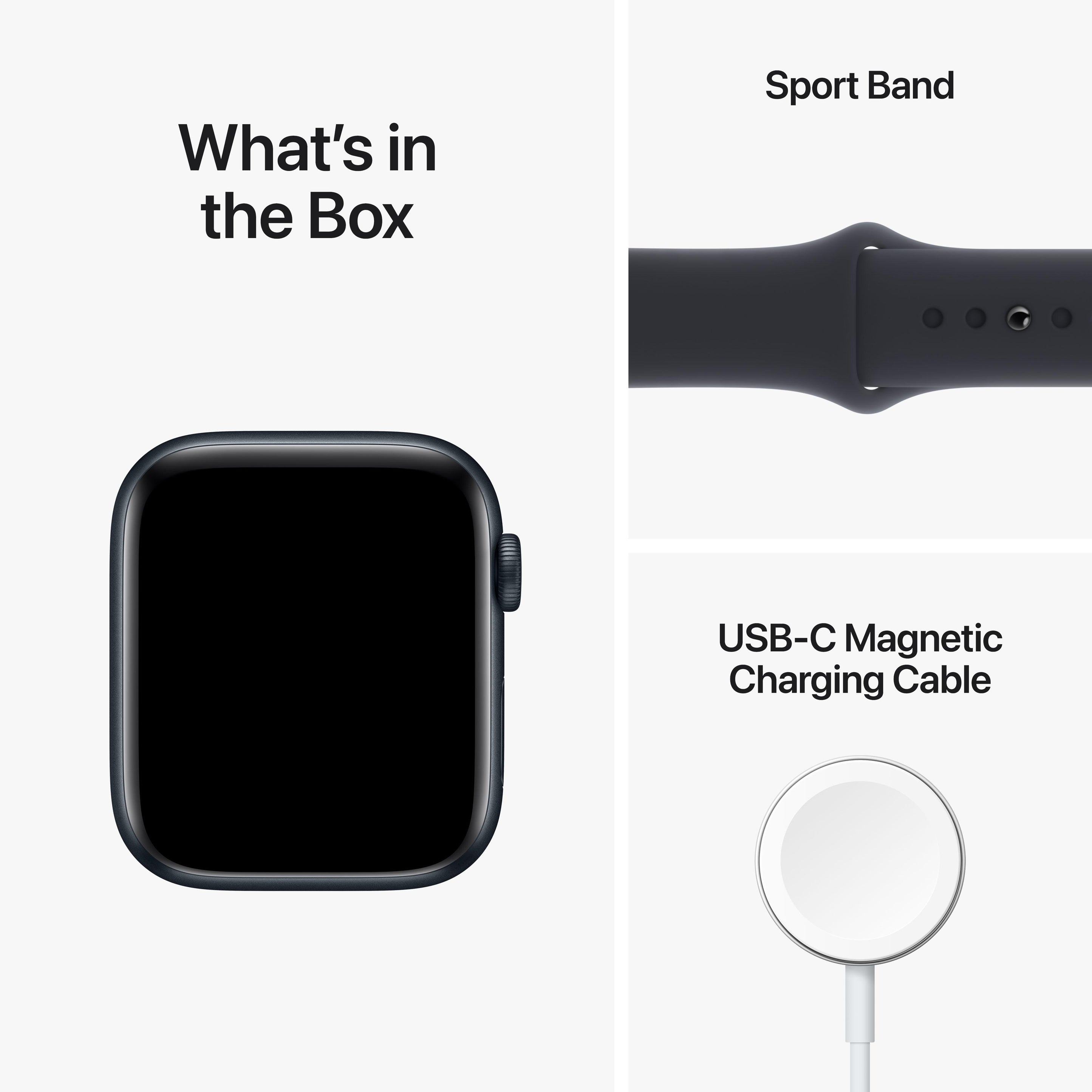 ساعة Apple Watch SE 2022 GPS مقاس 44 مم، هيكل من الألومنيوم منتصف الليل مع سوار رياضي منتصف الليل عادي 