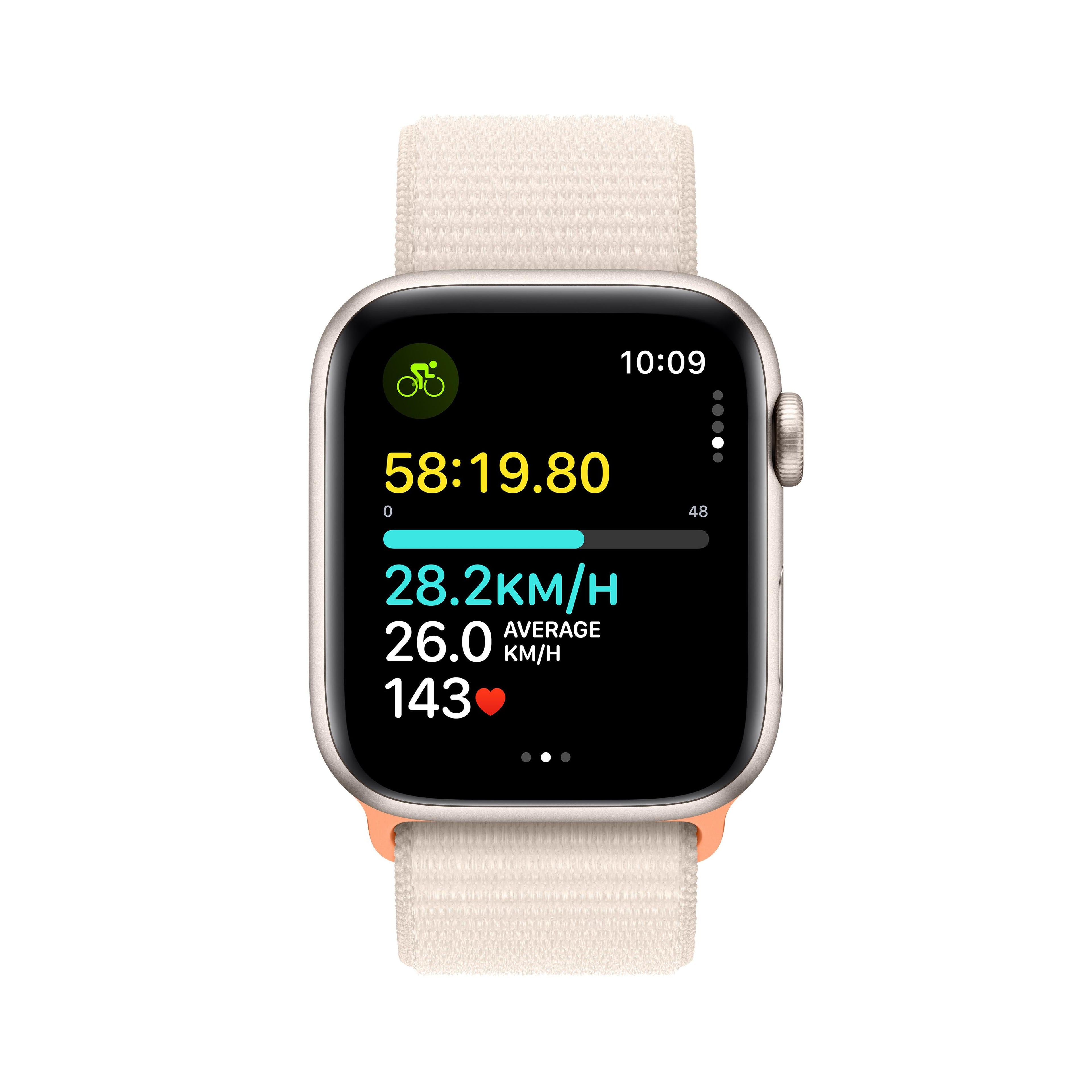 ساعة Apple Watch SE GPS + Cellular مقاس 44 مم مع هيكل Starlight من الألومنيوم وحزام Starlight الرياضي