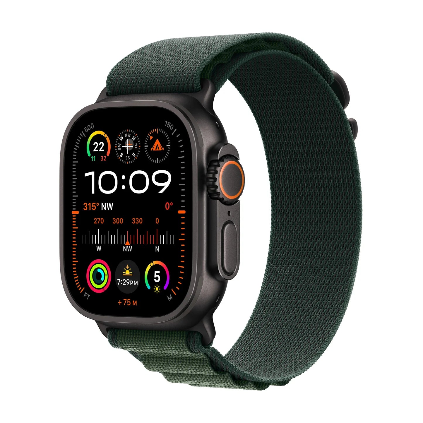 ساعة Apple Watch Ultra 2 GPS + Cellular مقاس 49 مم، هيكل أسود من التيتانيوم مع حلقة Alpine خضراء داكنة (كبيرة) MX4T3QA/A