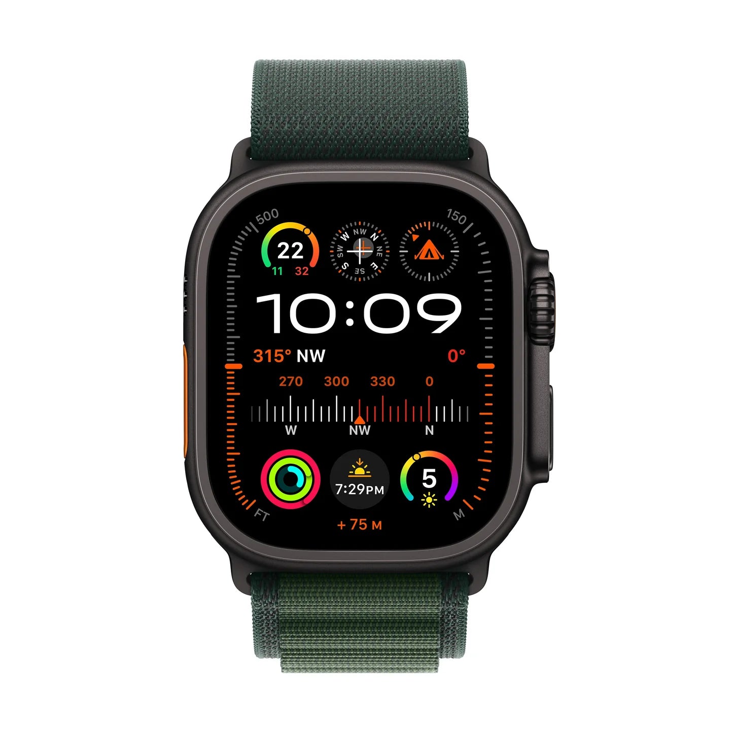 ساعة Apple Watch Ultra 2 GPS + Cellular مقاس 49 مم، هيكل أسود من التيتانيوم مع حلقة Alpine خضراء داكنة (كبيرة) MX4T3QA/A