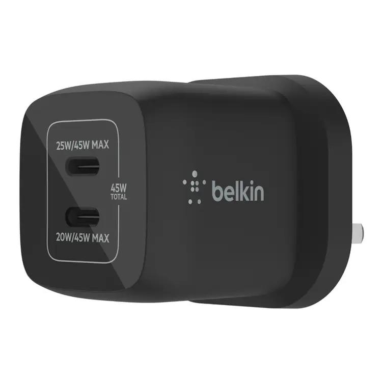 شاحن حائط Belkin 45 واط بمنفذ USB Type C مزدوج، شحن سريع بتقنية توصيل الطاقة 3.0 مع تقنية GaN، شاحن USB C