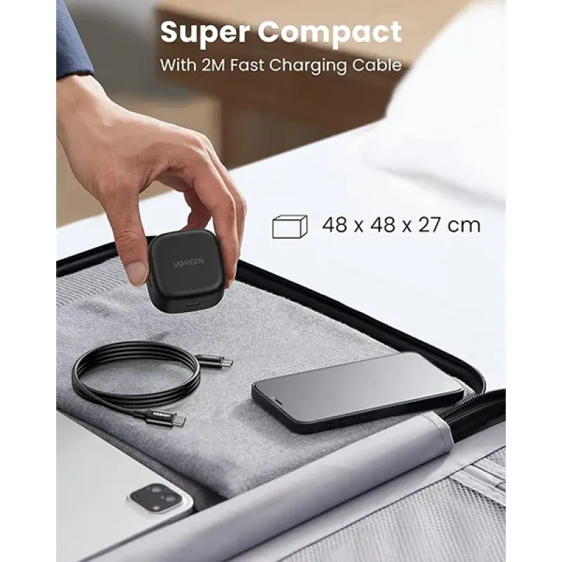 شاحن يو جرين سريع 25 وات بمنفذ PD USB-C مع كابل من نوع C إلى C بطول 2 متر، أسود