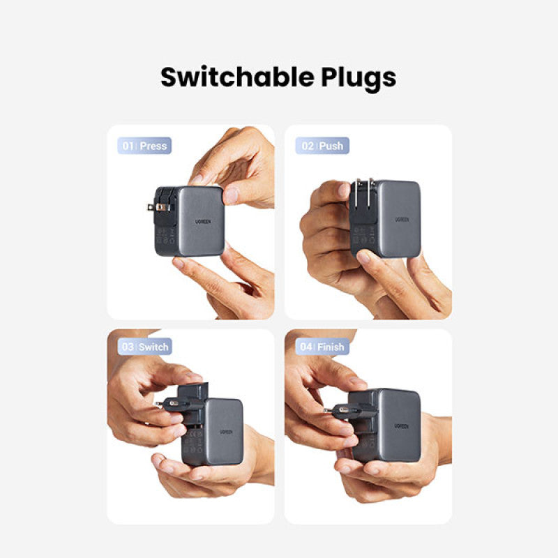 شاحن UGREEN USB-A + 2 USB-C 65W GaN مع قابس قابل للتبديل في المملكة المتحدة/الولايات المتحدة/الاتحاد الأوروبي، أسود