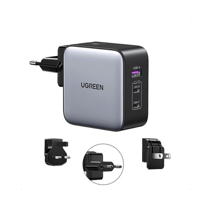شاحن UGREEN USB-A + 2 USB-C 65W GaN مع قابس قابل للتبديل في المملكة المتحدة/الولايات المتحدة/الاتحاد الأوروبي، أسود