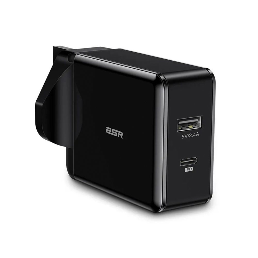 شاحن سريع ESR 30 وات من النوع C PD ومنفذ USB-A ثنائي المنفذ - أسودشاحن حائط سريع 0 وات من النوع C PD ومنفذ USB-A ثنائي المنفذ - أسود