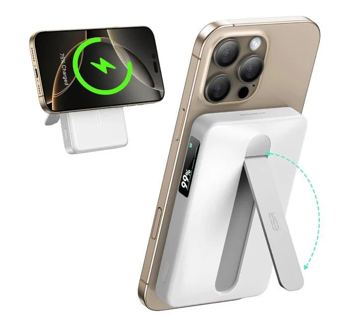 بنك طاقة ESR Qi2 MagSlim Kickstand 15 وات 10000 مللي أمبير في الساعة أبيض