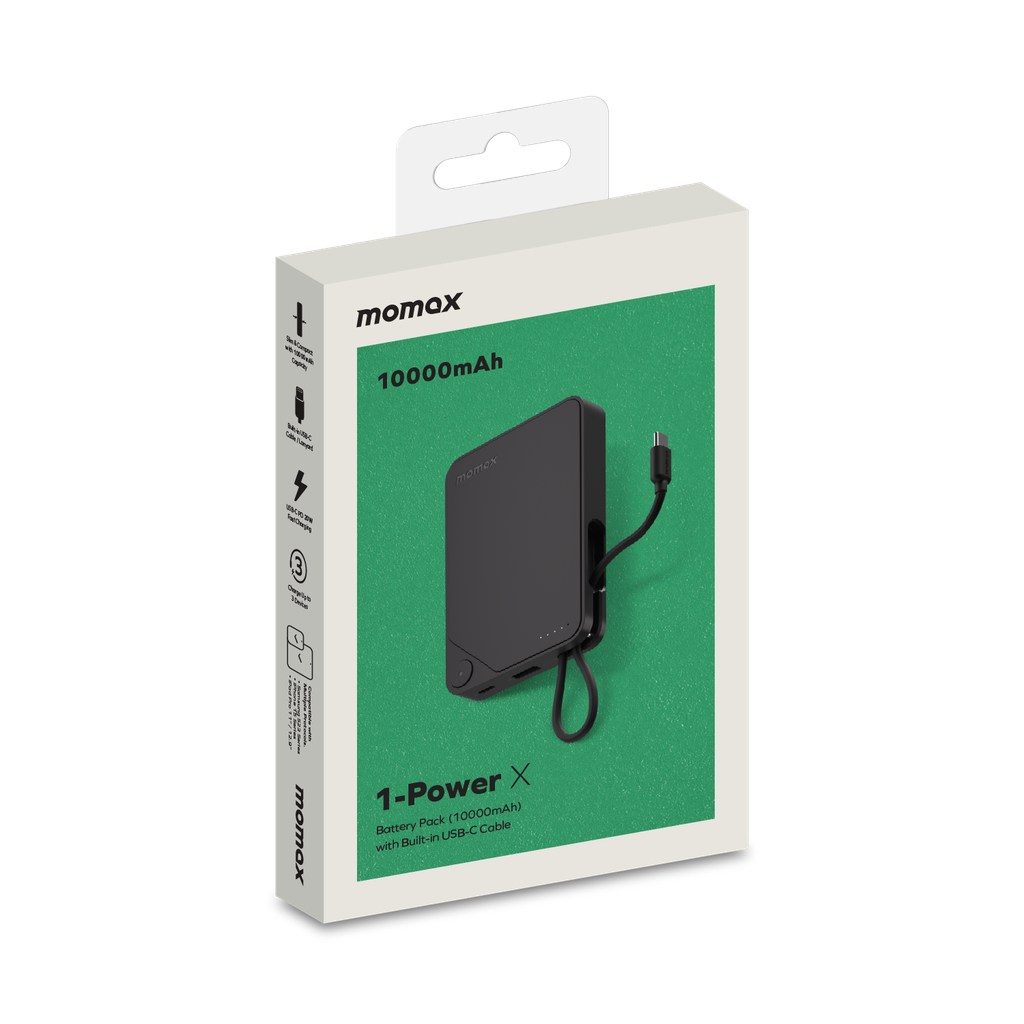 باور بانك موماكس 1-باور X بسعة 10000 مللي أمبير/ساعة مع كابل USB-C مدمج