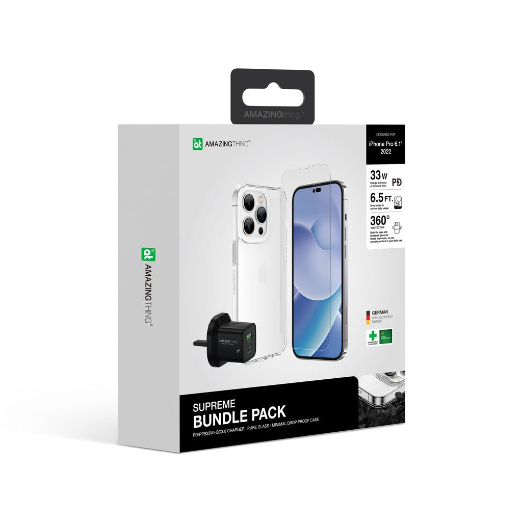 حزمة هاتف iPhone 14 PRO 6.1 مع زجاج 2.5D + جراب + شاحن