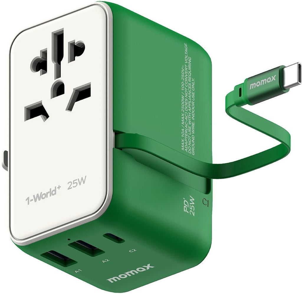 MOMAX 1-WORLD 25W 3 PORT WITH BUILT-IN USB-C CABLE AC TRAVEL ADAPTOR (Color: GREEN)
