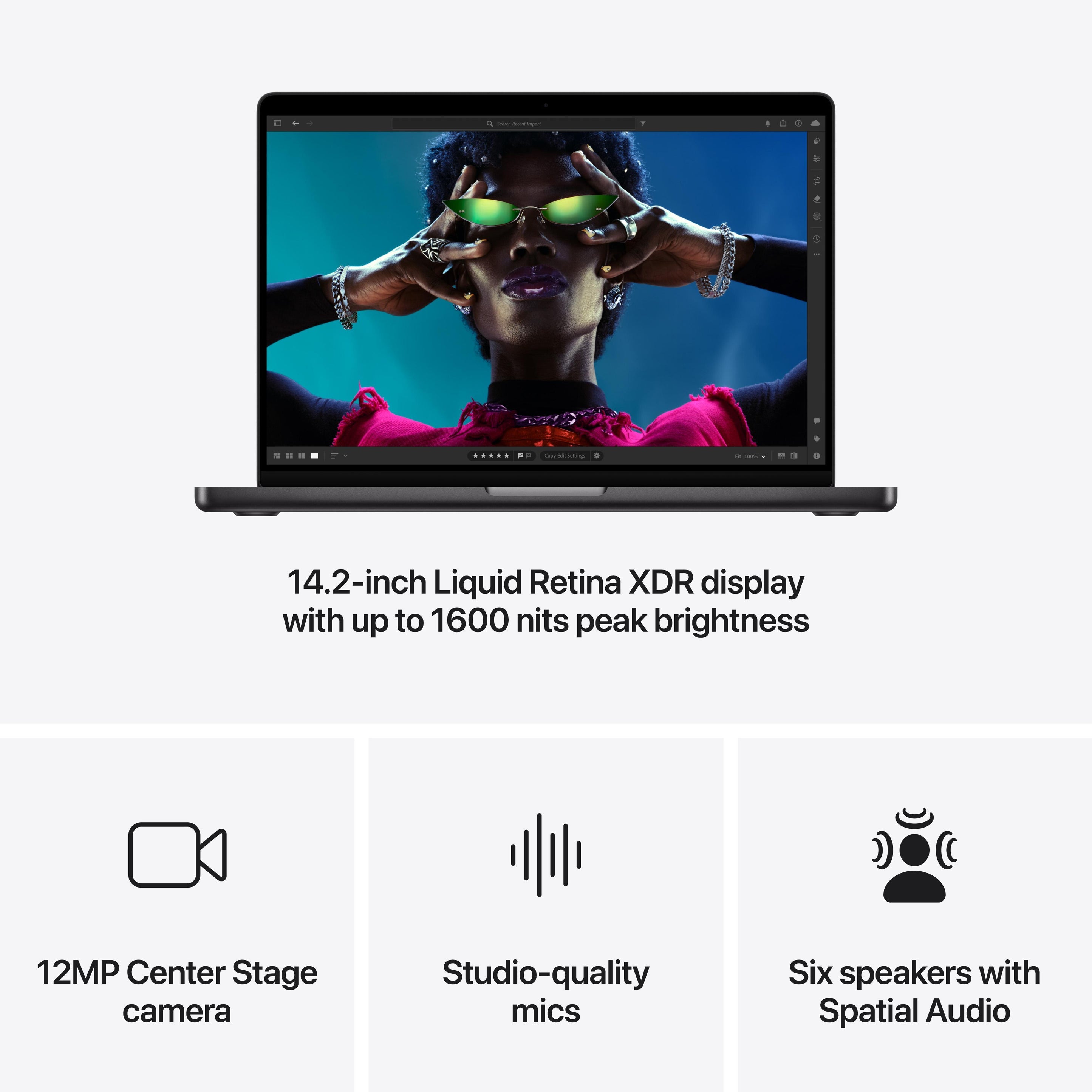 جهاز MacBook Pro مقاس 14 بوصة مزود بشريحة Apple M4 Pro مع وحدة معالجة مركزية مكونة من 14 نواة ووحدة معالجة رسومية مكونة من 20 نواة 