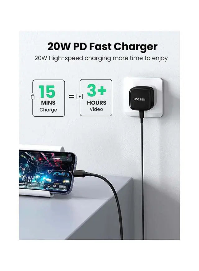 محول طاقة يوجرين PD 20 وات USB C للشحن السريع بمقبس الحائط باللون الأسود 