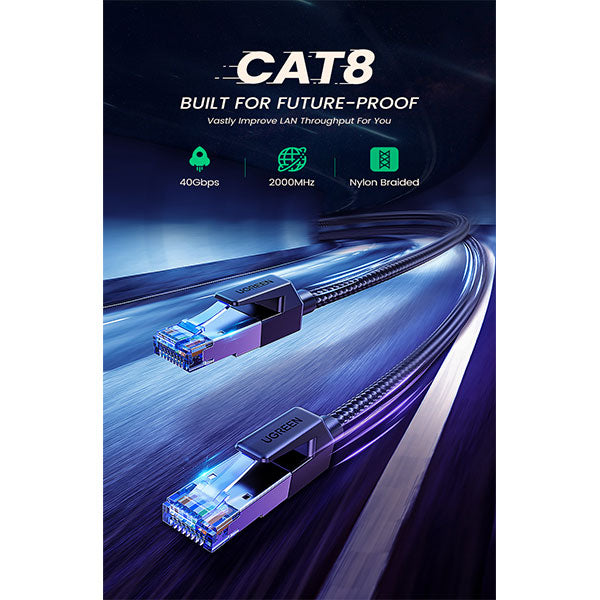 كابل إيثرنت UGREEN Cat8 محمي ومضفر دائري بطول 5 أمتار، أسود