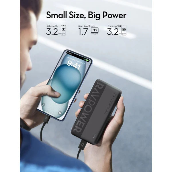 RAVPower PB1229 20,000mAh Power Bank – Dual USB-C, USB-A, PD 20W Fast Charging, Black