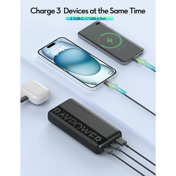 RAVPower PB1229 20,000mAh Power Bank – Dual USB-C, USB-A, PD 20W Fast Charging, Black