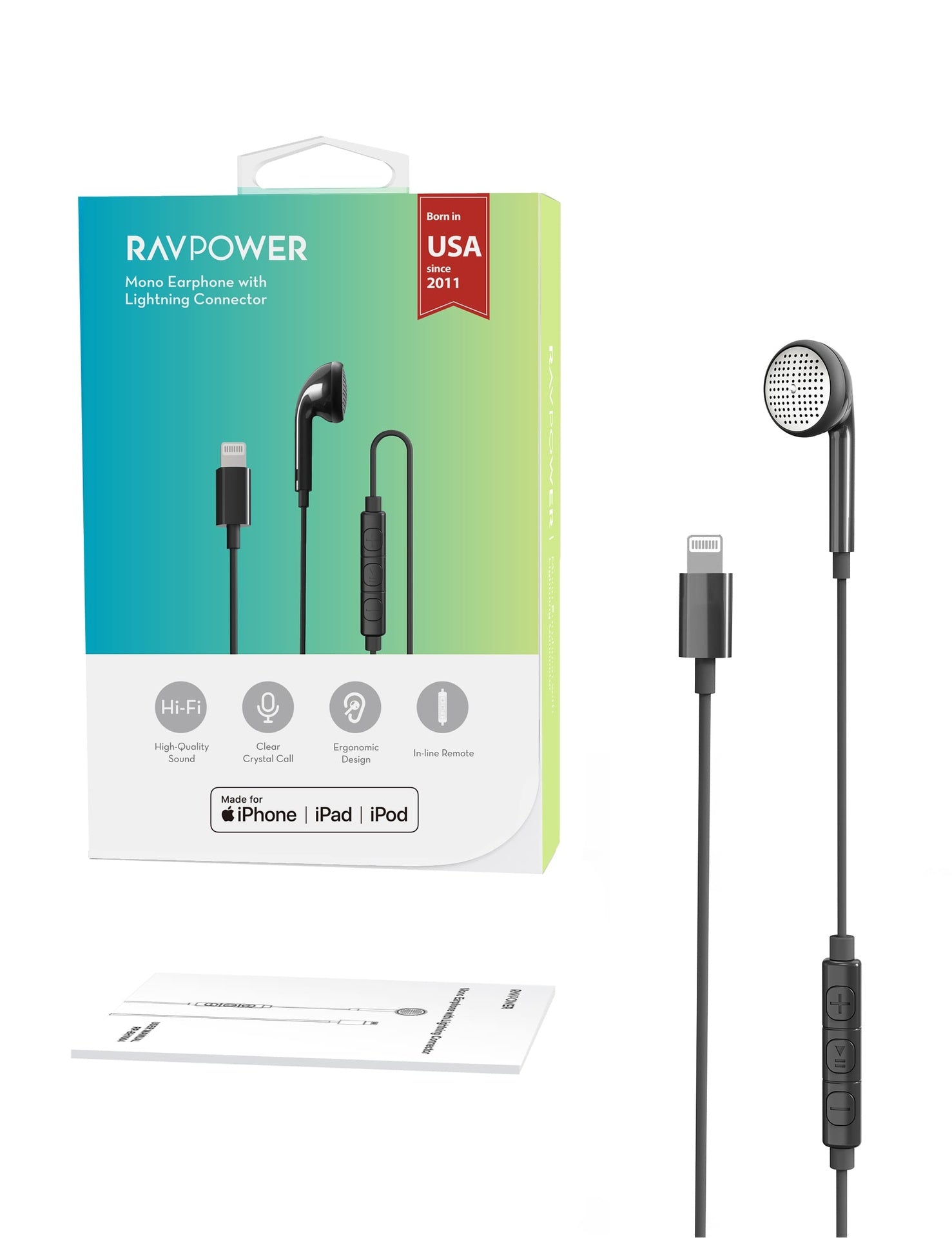 Ravpower Mono Earphone Lightning Connector – Black