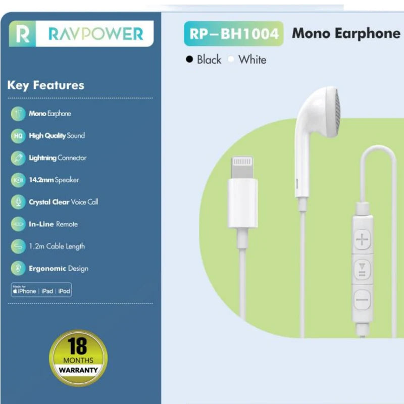RAVPower RP-BH1004 Mono Earphone with Lightning Connector – White