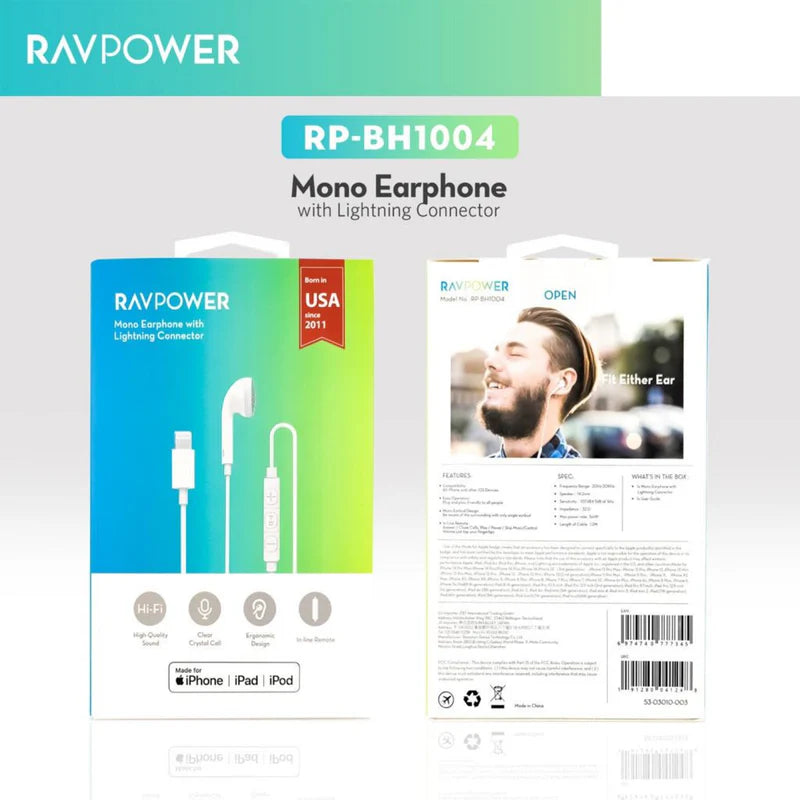RAVPower RP-BH1004 Mono Earphone with Lightning Connector – White