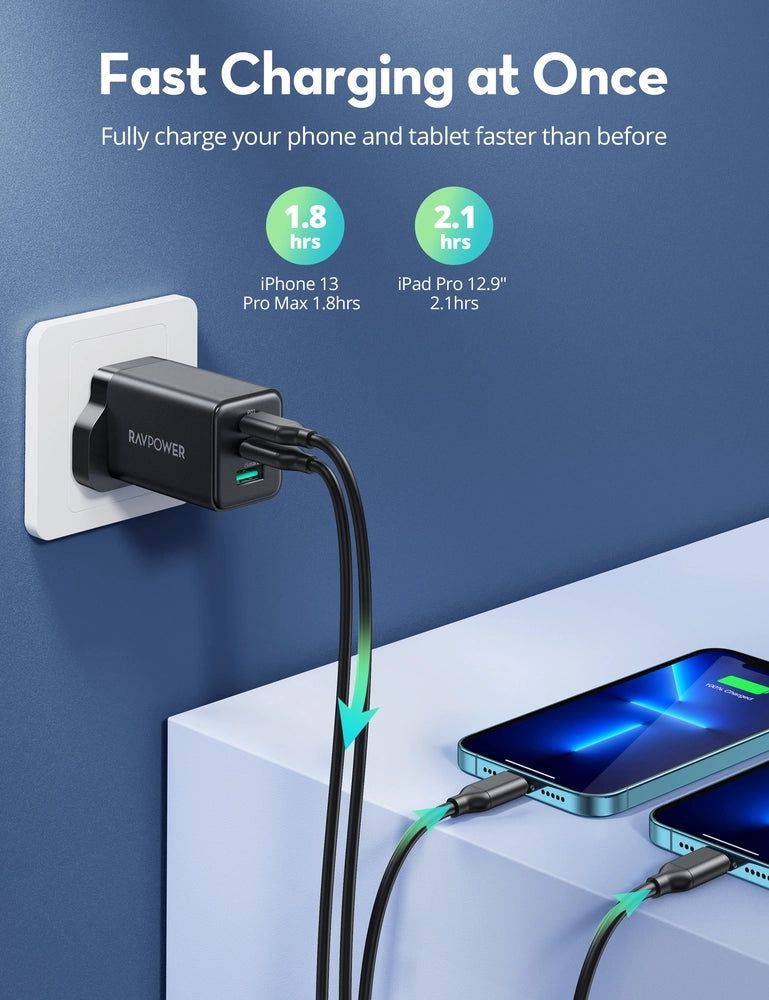 RAVPower PD Pioneer 3-Port 65W UK Wall Charger RP-PC172