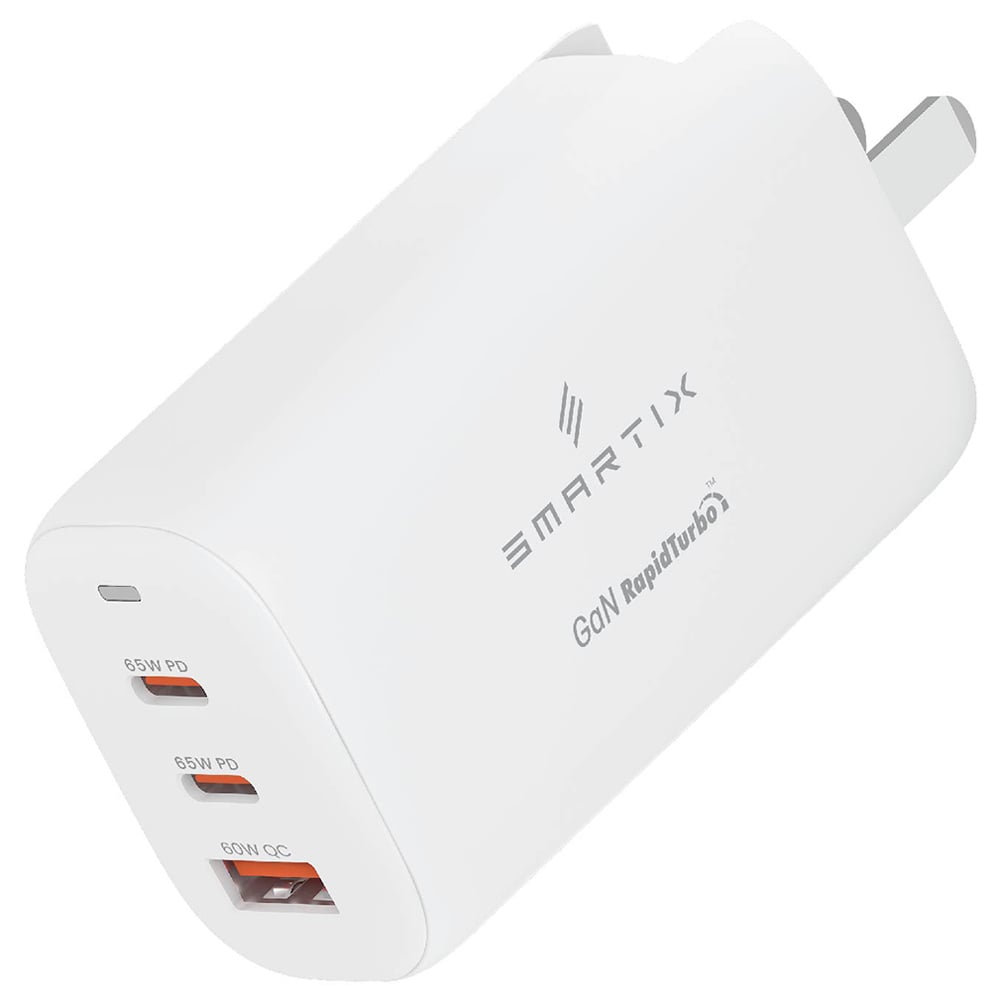 محول حائط Smartix Premium للولايات المتحدة/المملكة المتحدة/الاتحاد الأوروبي 65 واط GaN أبيض - الجيل الثاني