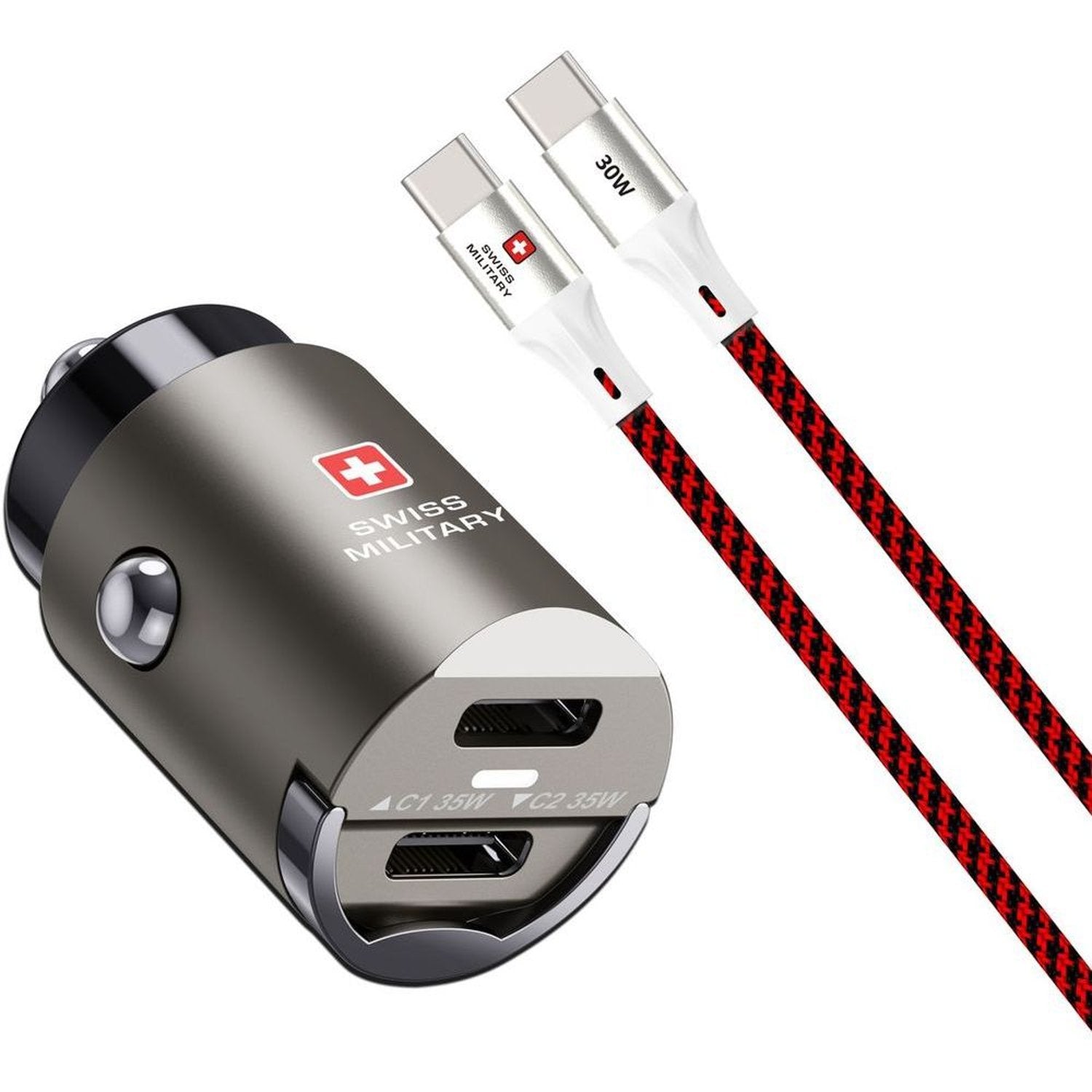 Swiss Military 35W Dual-Port Car Charger, 2C, USB-C 0.5m Cable, Black