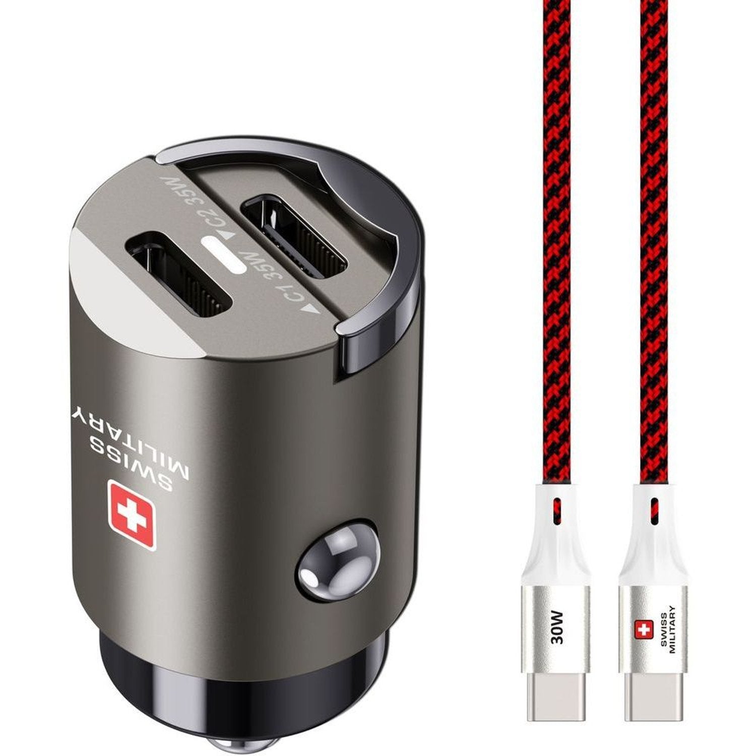 Swiss Military 35W Dual-Port Car Charger, 2C, USB-C 0.5m Cable, Black