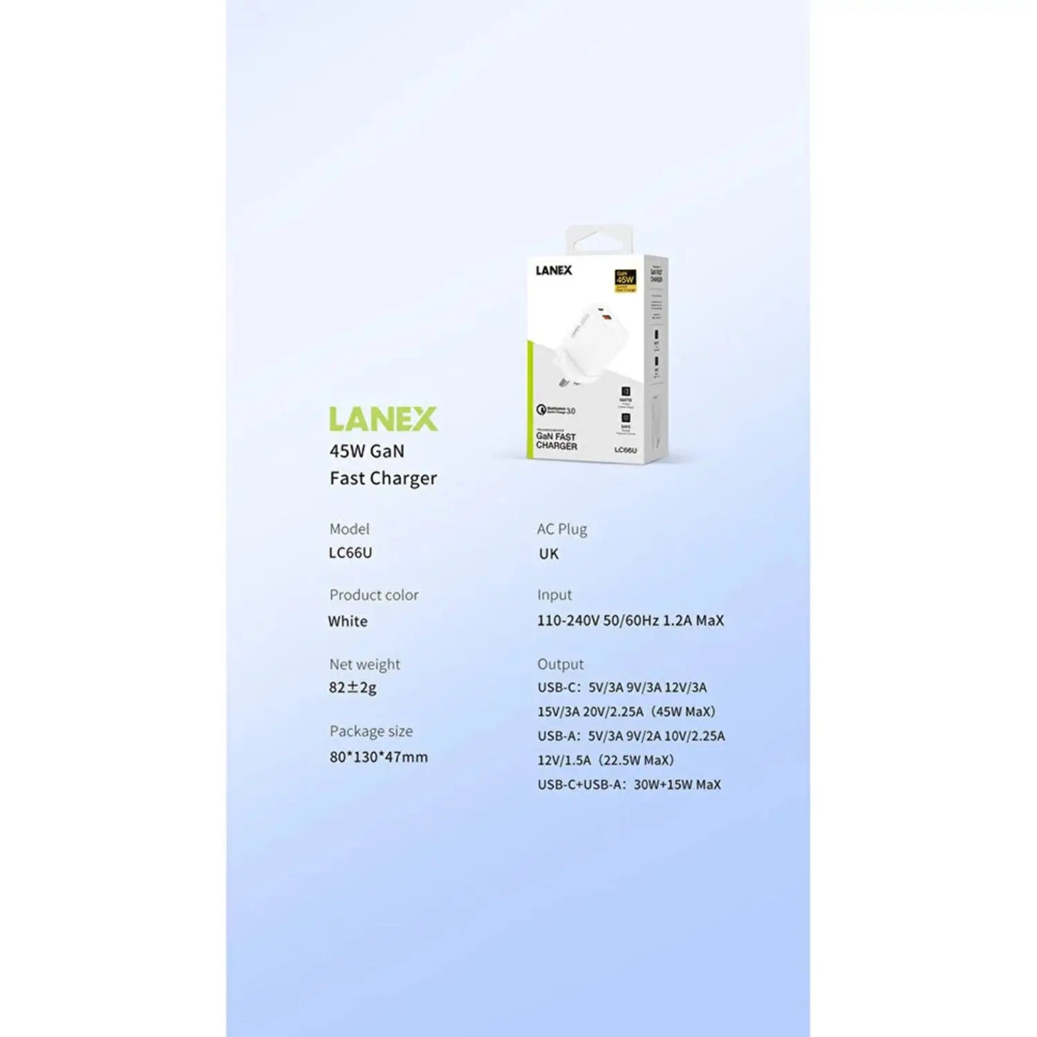Lanex Gan Fast Charger 45W White