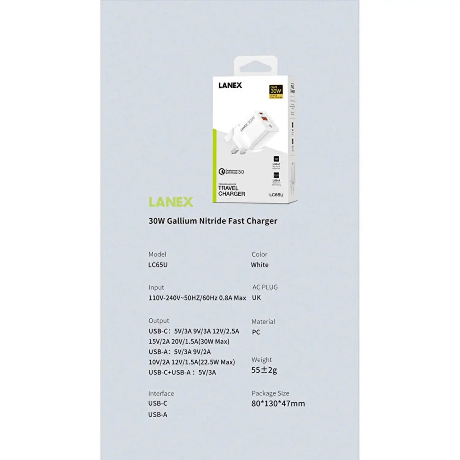 Lanex Gan Fast Charger 30W White